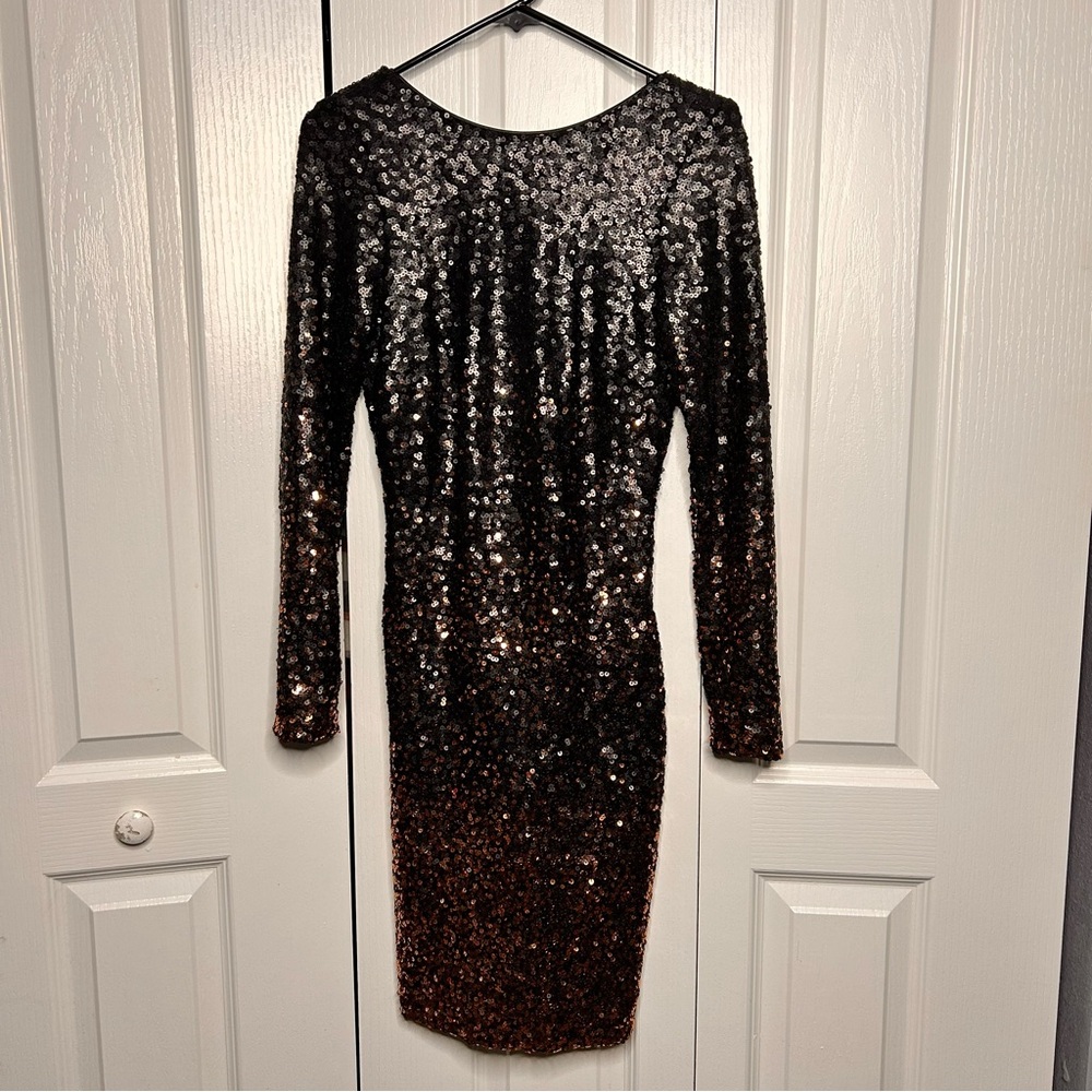 Dress the Population Women’s Black & Gold Ombré Sequin Long Sleeve Mini Dress M - Picture 1 of 6